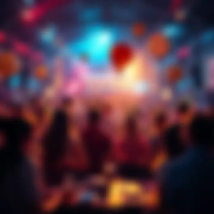 A vibrant community gathering with people discussing and sharing ideas.