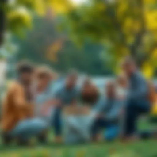 A diverse group of people collaborating and working together in a park setting, symbolizing unity and teamwork.