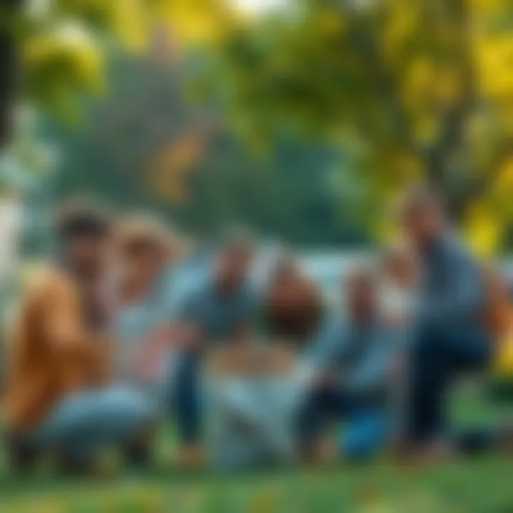 A diverse group of people collaborating and working together in a park setting, symbolizing unity and teamwork.
