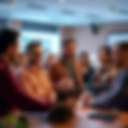 A group of diverse community moderators discussing together in an online forum setting.
