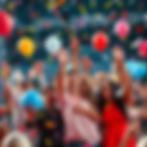 A group of happy people celebrating together with confetti and balloons, representing teamwork and community achievements.