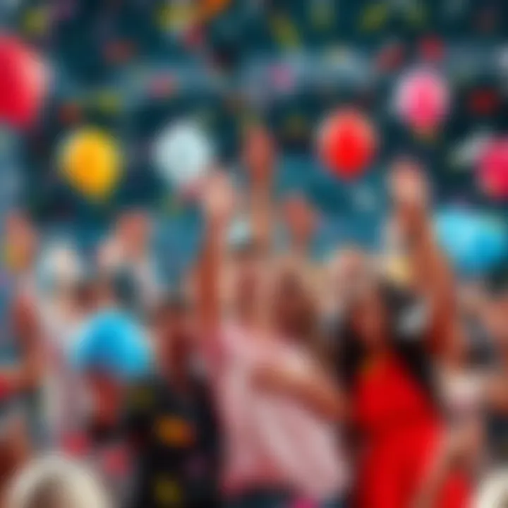 A group of happy people celebrating together with confetti and balloons, representing teamwork and community achievements.