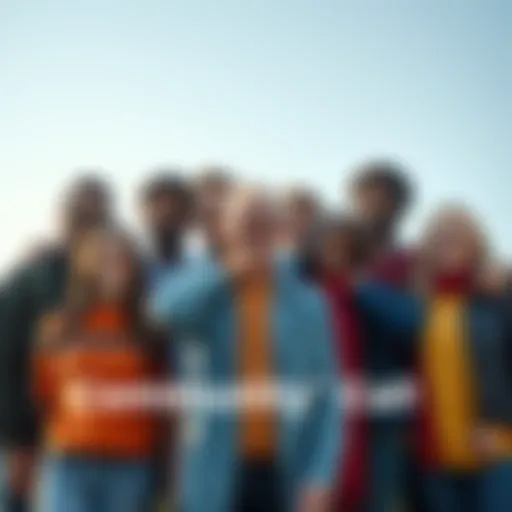 A diverse group of people coming together, smiling and supporting each other, symbolizing community strength and cooperation.