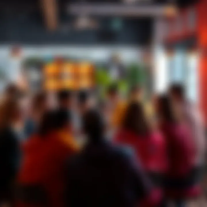 A group of diverse people discussing updates and recommendations in a warm community setting.