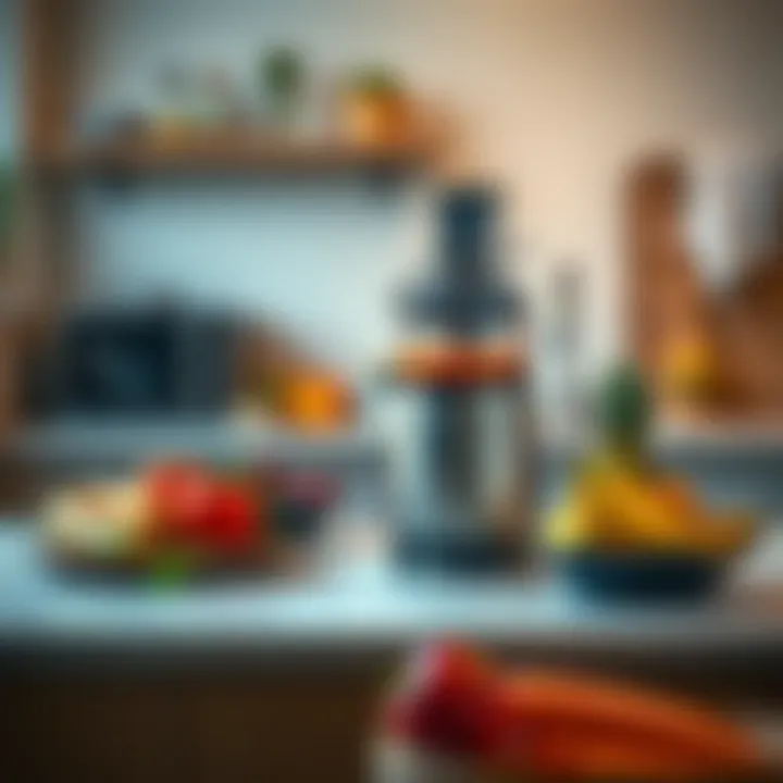 A small but powerful juicer extracting fresh juice from fruits and vegetables on a kitchen counter