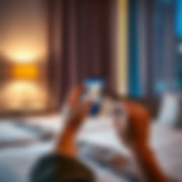 A person checking hotel prices on a smartphone while sitting on a bed in a hotel room.