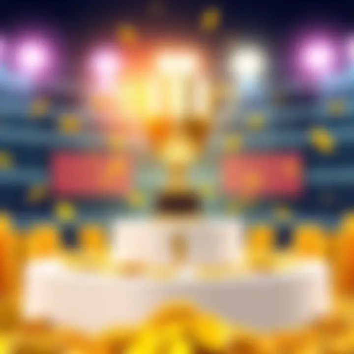 A trophy placed on a podium with gold coins around it, symbolizing success and potential winners.