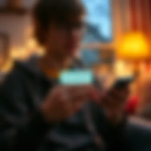 A worried person holding a smartphone, looking at a screen with a warning about sharing Social Security number, set in a cozy room