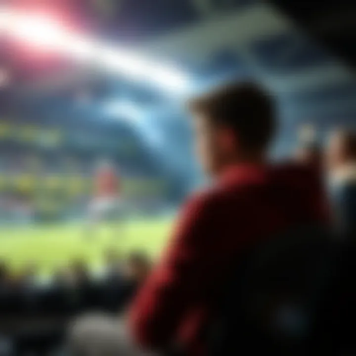 A worried fan sitting on the edge of their seat, anxiously watching a football game with a focus on the player Mccaffrey on the screen.