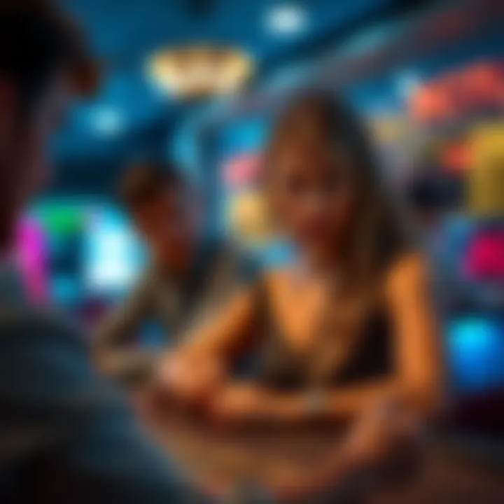 A worried woman observing her boyfriend at a blackjack table, showing concern on her face as he plays.
