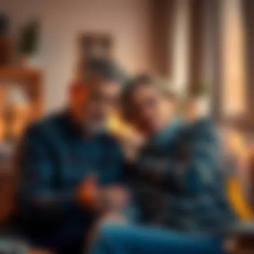 A worried couple talking to their young adult son about gambling issues at home. The atmosphere is tense with visible concern on their faces.