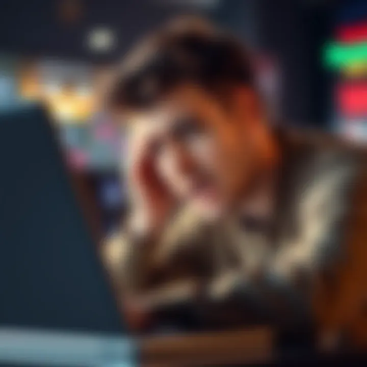 Concerned player looking at a computer screen A player expresses frustration while checking online casino account verification; a worried expression on their face, with a laptop open in front of them.
