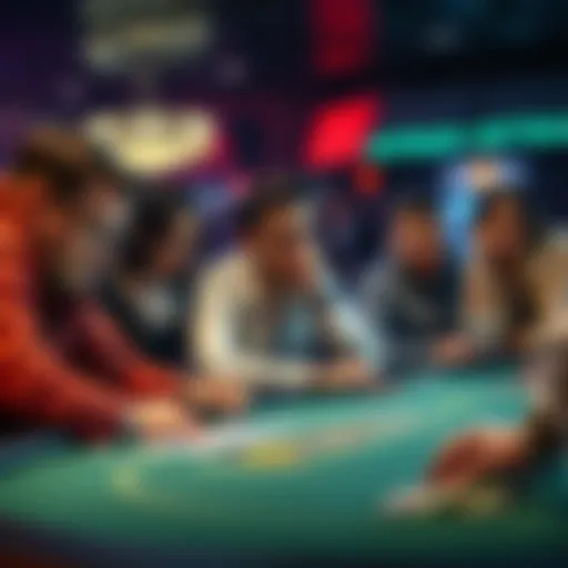A group of worried players looking at a gaming table with a dealer, showing signs of frustration and confusion over the game