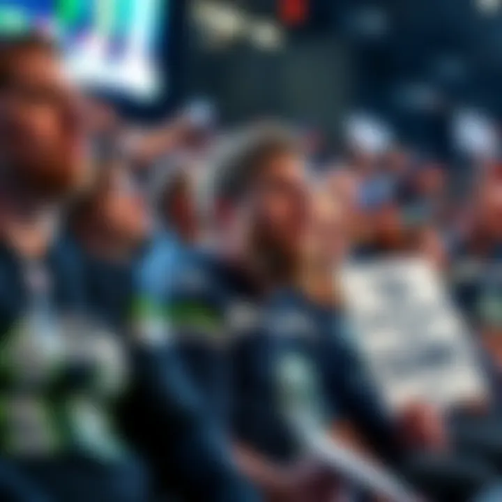 Concerned Seahawks Fans A group of Seahawks fans looking anxious while watching a game, wearing team jerseys and holding signs of support.