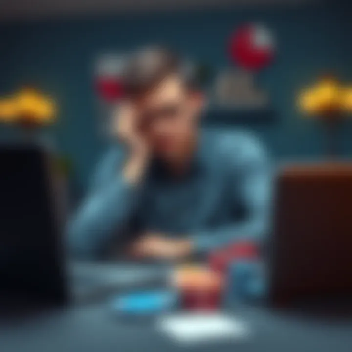 A worried student sitting at a desk, looking at a laptop with poker chips and a note about bonuses next to him.