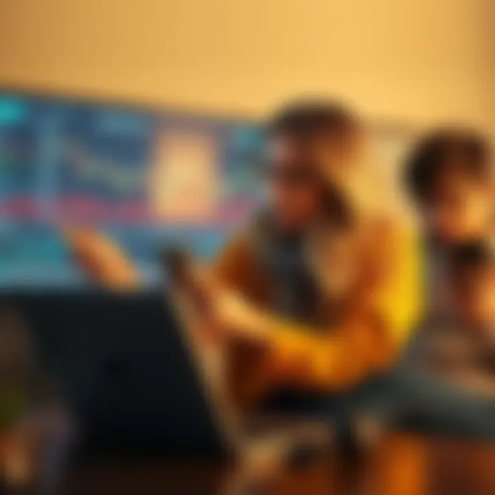 A worried woman observes stock market graphs on her laptop, showing signs of stress while her husband sits nearby, distracted with his phone.