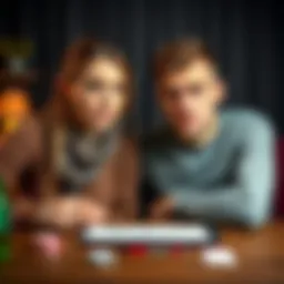 A young woman looks worried while talking to her boyfriend, who appears anxious. They sit together at a table with a few playing cards and a message of support on a notepad in front of them.