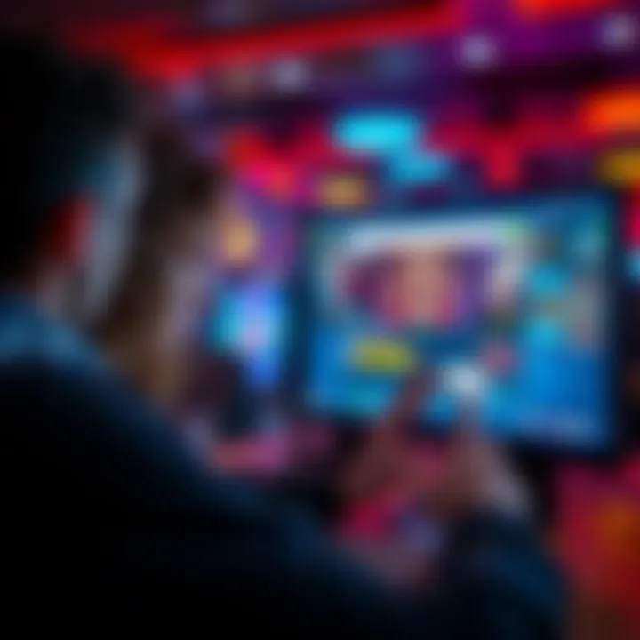 A frustrated player looking at a computer screen displaying a live casino game, showing lagging graphics and a chaotic chat window.