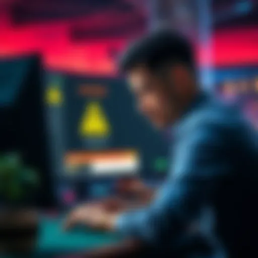 A worried player looking at a computer screen showing CoinPoker with warning signs