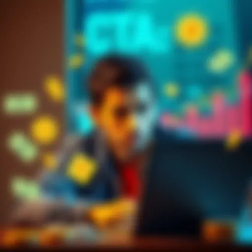 A person looking worried while using a laptop, with financial symbols like cash and graphs around them, representing issues with KYC and VPNs