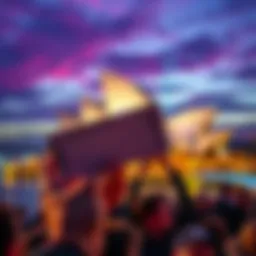 A person excitedly holding a concert ticket with the Sydney Opera House in the background