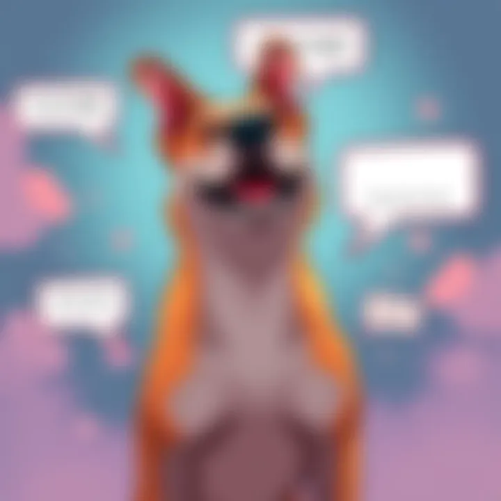 A bold dog standing proudly with a playful expression, showcasing confidence and attitude, surrounded by speech bubbles reflecting online reactions.