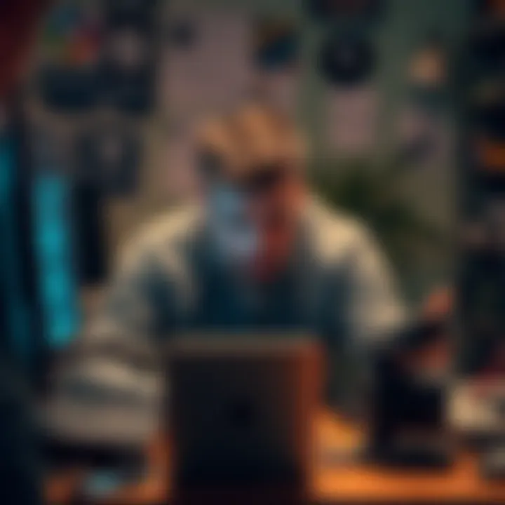 A person frustrated while troubleshooting a computer configuration issue, surrounded by tech-related items.