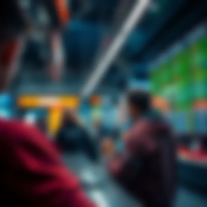 A confused person at a sports betting counter looking at a screen displaying betting odds and results