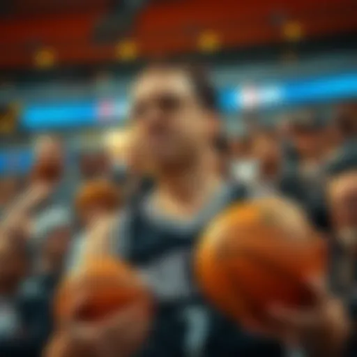 A fan looking puzzled while holding a basketball and wearing a Nets jersey, questioning the mention of a player.