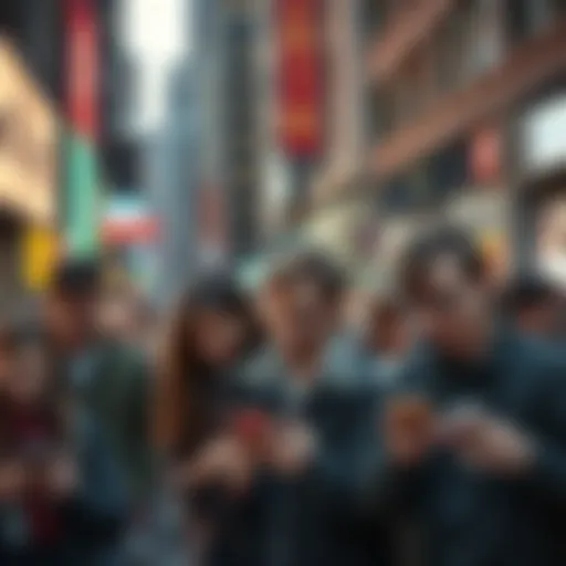A group of people looking confused while reading their phones in a busy city street.