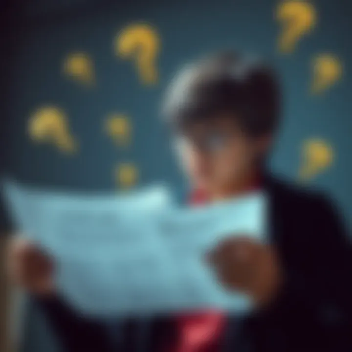 A person looking puzzled while reading contest rules on a paper or phone, surrounded by question marks