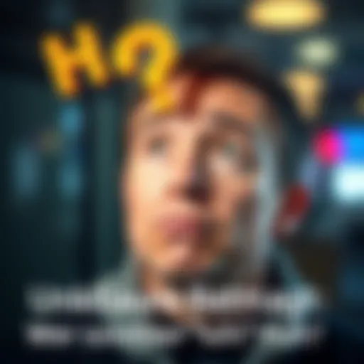 A person with a puzzled expression looking at a question mark in the air, symbolizing confusion over the word 'Huh?'.
