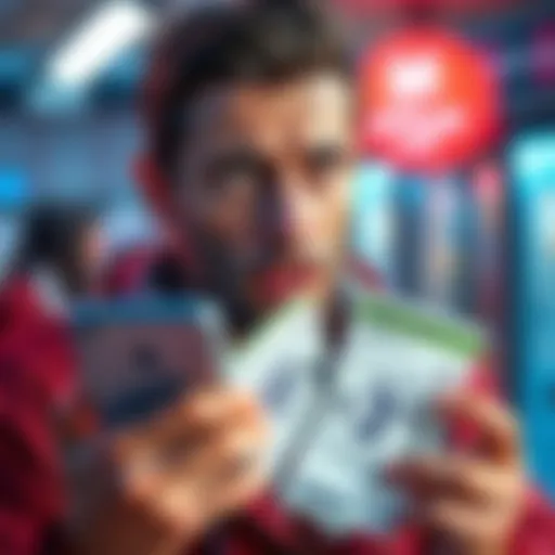 A player looking puzzled while holding lottery tickets and a phone showing unclear results
