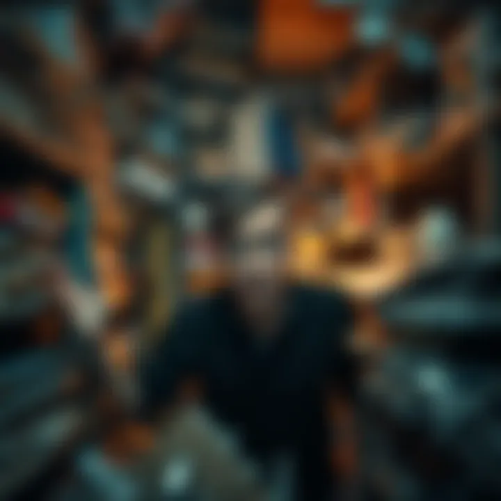 A person looking puzzled while searching for lost items in a cluttered room.