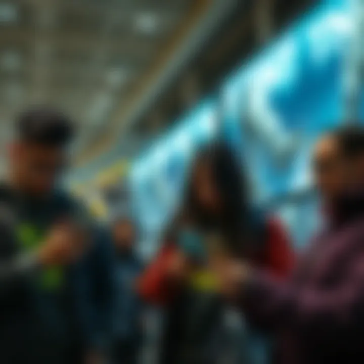 People looking confused while reading about the Ghost Leg promotion on their phones, with promotional materials in the background.