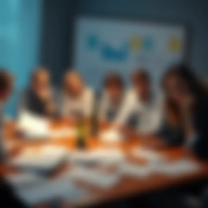 A group of people looking puzzled in a meeting room, papers scattered on a table, showing frustration over a problem