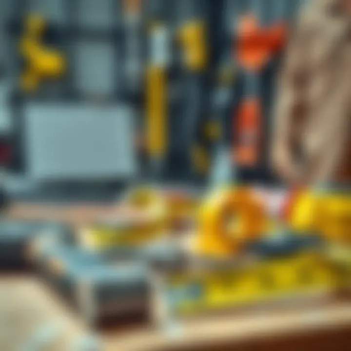 A collection of construction tools like a hammer, saw, and measuring tape on a workbench