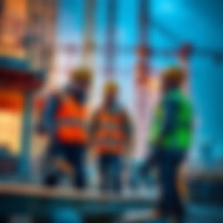 Construction workers collaborating on a large building project, focusing on safety and efficiency.