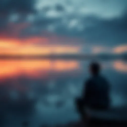 A person sitting by a tranquil lake, deep in thought about life's meaning, surrounded by nature.