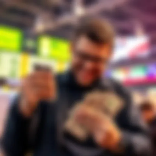 A person happily checking their betting account while holding cash in hand, symbolizing the conversion of bonus bets into real money.