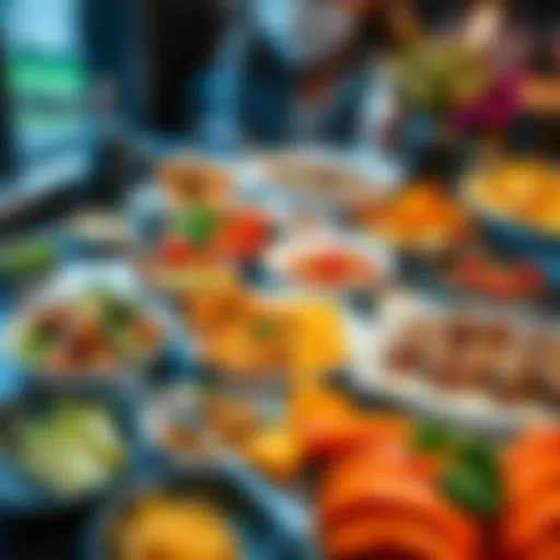 A variety of dishes showing both cooked and uncooked food items on a table.