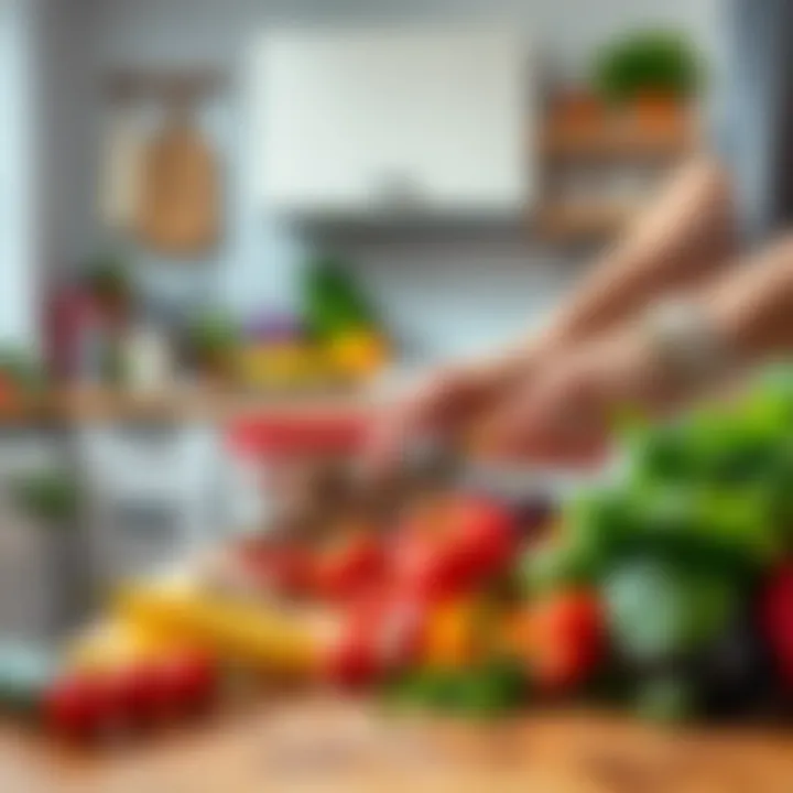 A person chopping colorful vegetables on a wooden cutting board in a bright kitchen