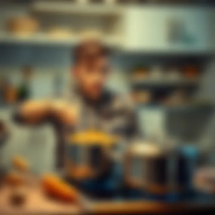 A person looks surprised while stirring a pot on the stove, contemplating a cooking mistake.