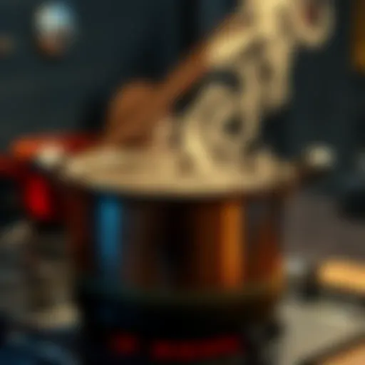 A cooking pot simmering on a stove with steam rising, suggesting food is being prepared.