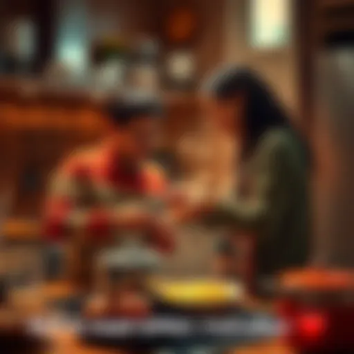 A person and their NA sponsor cooking together in a warm kitchen, sharing a joyful moment over a delicious recipe.