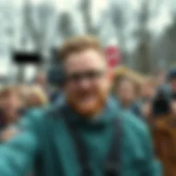 Corey Eyring filming a vlog in New Hampshire, surrounded by fans and critics in the background