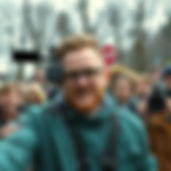 Corey Eyring vlogger with mixed reactions Corey Eyring filming a vlog in New Hampshire, surrounded by fans and critics in the background