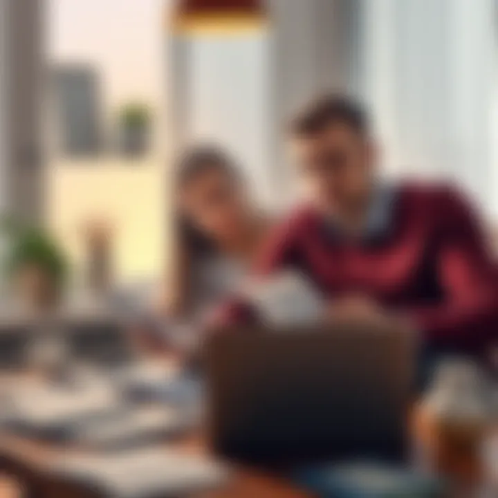 A woman and a man sit at a table with open bills and a laptop, looking concerned about their financial situation.