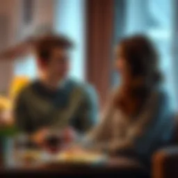 Couple discussing gambling addiction A concerned young woman talks to her boyfriend about his gambling problems, showing empathy and support in a cozy living room setting.