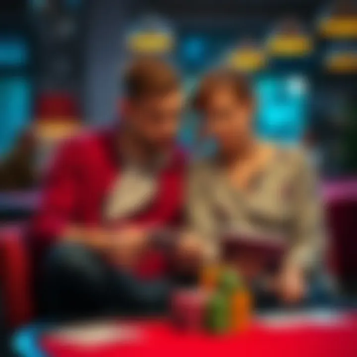 A concerned couple sits together, discussing the partner's gambling problem, showing emotions of frustration and helplessness.
